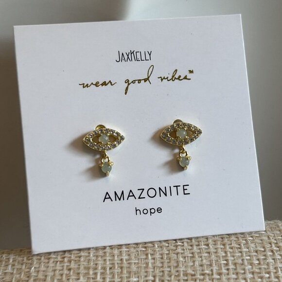 NEW Jax Kelly Green Amazonite Evil Eye Drop Earrings Hope Stone Hypoallergenic - Picture 7 of 8